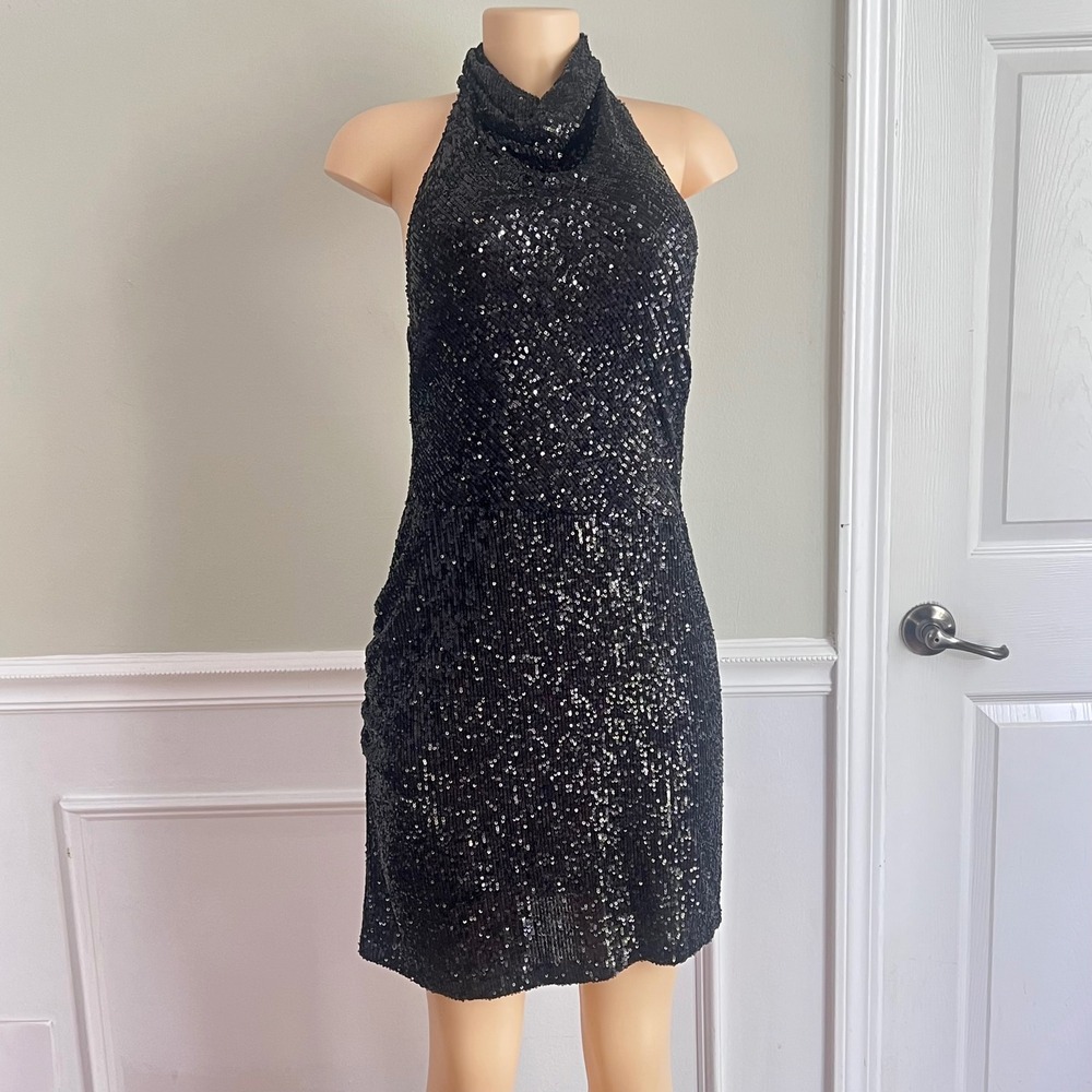 Gianni Bini Sequin Dress Womens 10 Backless Halter Black Sparkly Resort Cruise